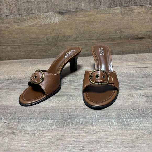 Franco Sarto Brown Leather Heeled Slides with Buckle Accent Women's Size 10 - Picture 1 of 6